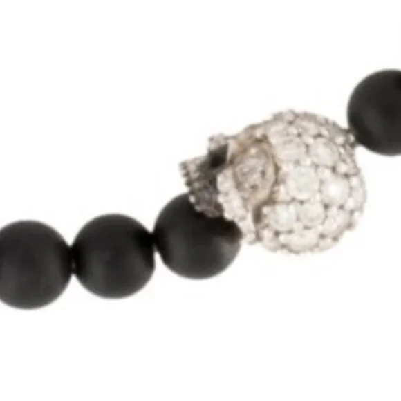 DAVID YURMAN ONYX & DIAMOND STERLING SILVER MEMENTO MORI SKULL STATION BRACELET